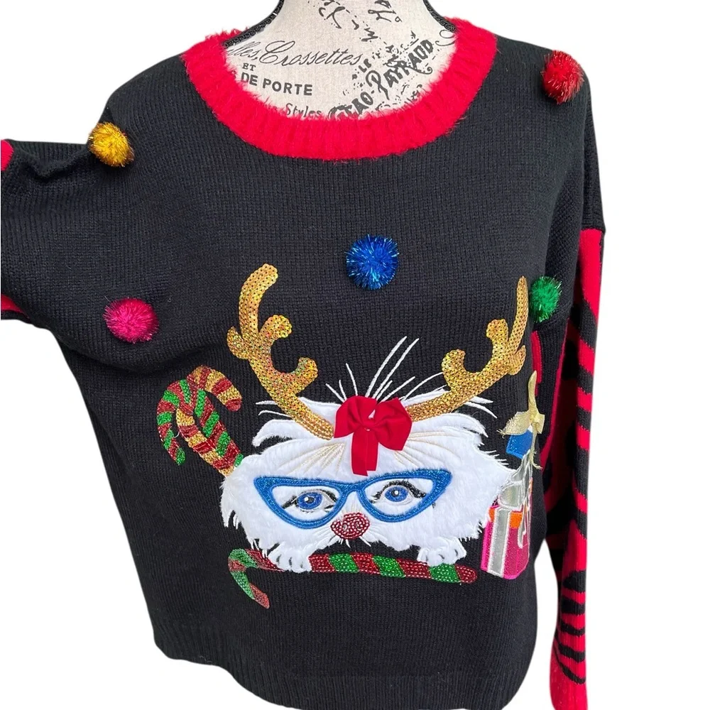 Festive Cat Black and Red Christmas Sweater